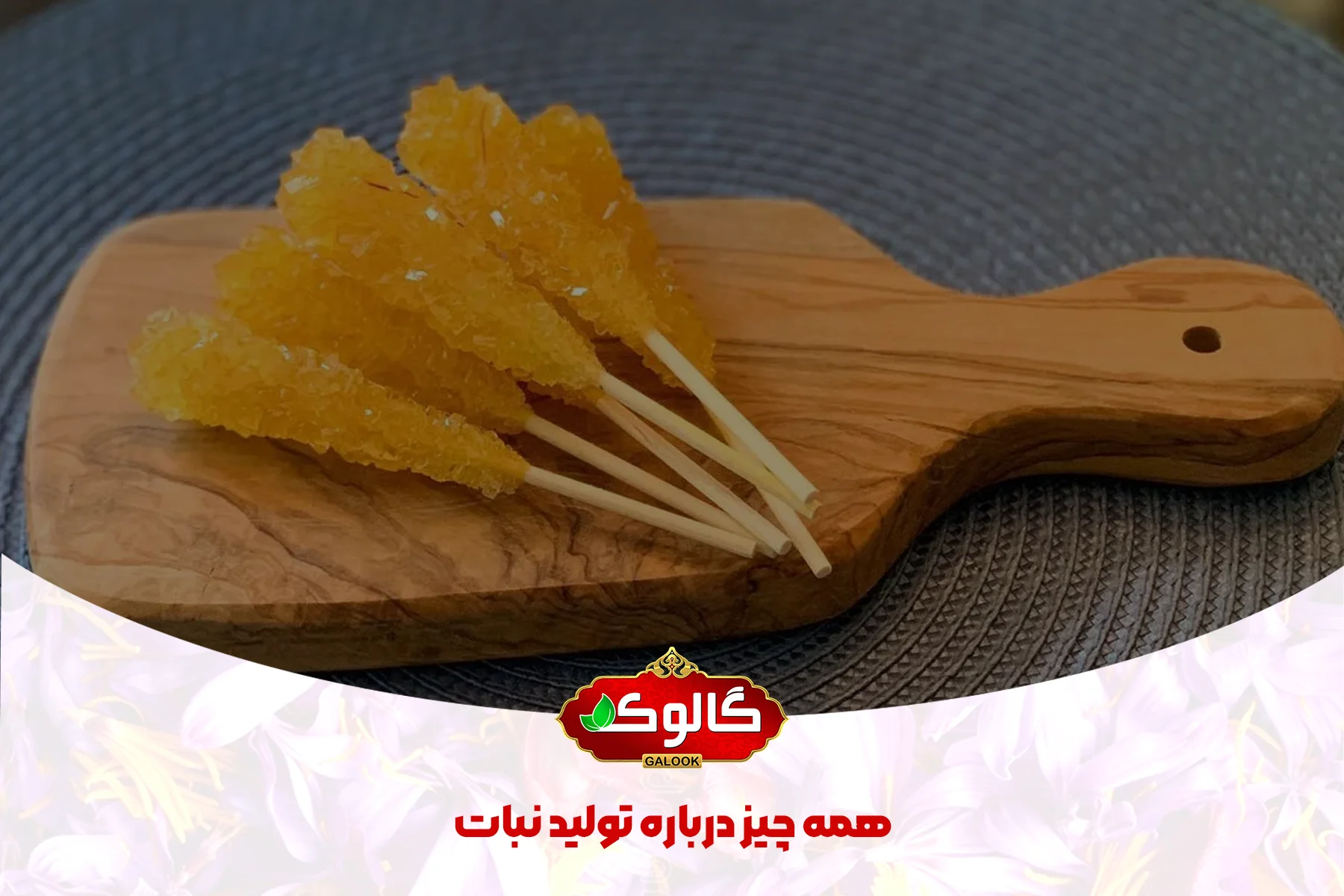 چندین نبات نی دار که در زیر آن ها همه چیز درباره تولید نبات در کنار لوگو گالوک نوشته شده است